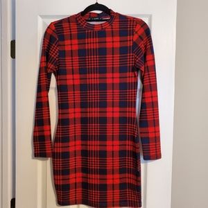 Zaful, medium, long sleeve red/navy plaid dress